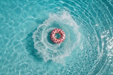Colorful inflatable donut floating in a clear blue pool, with splashes of water around it