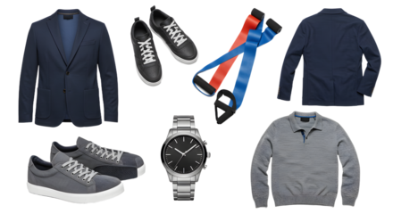 LIFESTYLE - Casual and formal men's clothing and accessories including navy blazer, grey sneakers, wristwatch, blue jacket, and grey pullover on white background