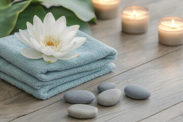 Rolled white towels with a white flower, river stones and lit candles, creating a relaxing, spa-like atmosphere.
