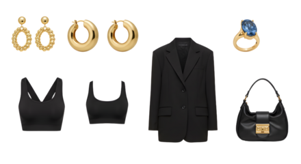 LIFESTYLE - Elegant black blazer and handbag with gold hoop earrings, blue gemstone ring, and black crop tops, stylish women's fashion accessories set