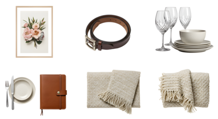 LIFESTYLE - Elegant collection of home and lifestyle essentials including floral wall art, leather belt, glassware set, ceramic dishware, leather notebook, and cozy throws