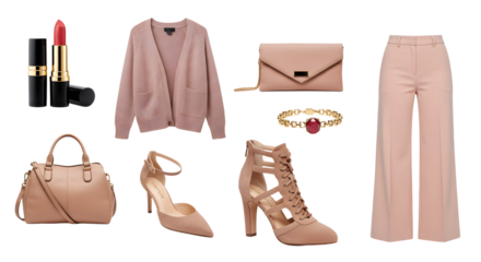 LIFESTYLE - Elegant women's fashion collection with beige clothing, handbag, high heels, lipstick, and accessories for stylish outfits and sophisticated looks