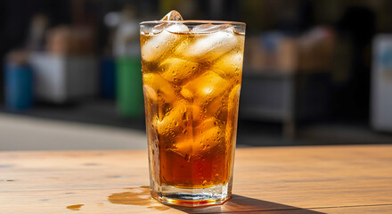 Vibrant Iced Cold Drink with Melting Ice Cubes and Condensation in a Tall Glass, Placed on a Sunny Wooden Table. A Symbol of Refreshment and Summer Coolness.