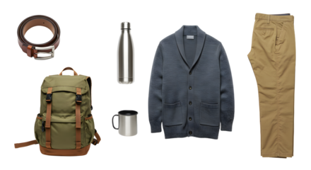 LIFESTYLE - Flat lay of casual outdoor outfit with backpack, belt, water bottle, metal mug, cardigan, and khaki pants