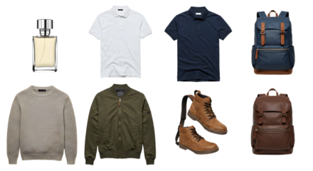 LIFESTYLE - Flat lay of men's fashion essentials with polo shirts, sweaters, jackets, boots, backpacks, and cologne for casual and outdoor style
