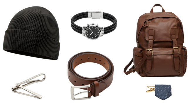 LIFESTYLE - Flat lay of men's fashion accessories including black beanie hat, wristwatch, leather backpack, brown belt, tie clip, and blue polka dot tie on white background