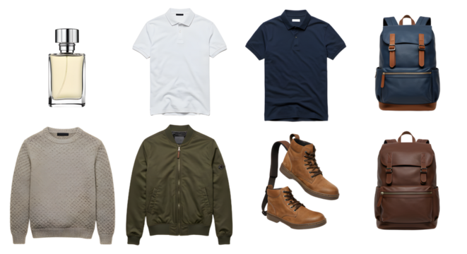 LIFESTYLE - Flat lay of men's fashion essentials with polo shirts, sweaters, jackets, boots, backpacks, and cologne for casual and outdoor style