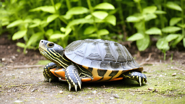 A Painted Turtle Strolls Across Ground - Powered by Adobe