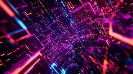 Futuristic Circuit Board Illustration with Neon Lights and Data Streams