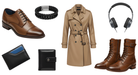 LIFESTYLE - Men's classic brown leather shoes, boots, trench coat, black leather wallet, braided bracelet, and headphones isolated on white background