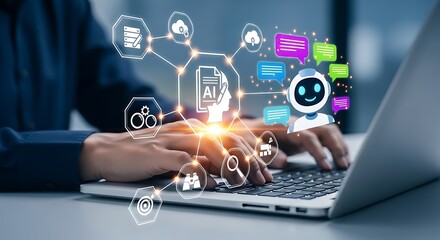 Photo of persons hands using a laptop with a vibrant digital network of icons and a friendly robot, symbolizing ai and communication technology