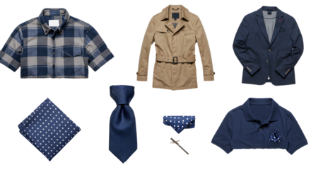 LIFESTYLE - Set of assorted men's clothing items including plaid shirt, beige coat, navy jacket, blue tie, polka dot handkerchief, cufflinks, and navy polo shirt on white background