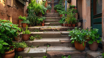 Lush greenery adorns charming staircase, lined with various potted plants and flowers, creating vibrant and inviting atmosphere. rustic stone steps lead through serene garden setting