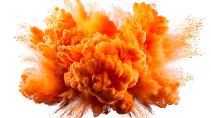 Bright orange powder explosion creates a cloud-like shape against a white background.