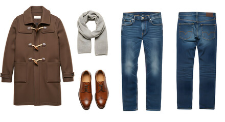 LIFESTYLE - Stylish men's outfit flat lay with brown toggle coat, blue jeans, brown leather shoes, and a light gray scarf on white background
