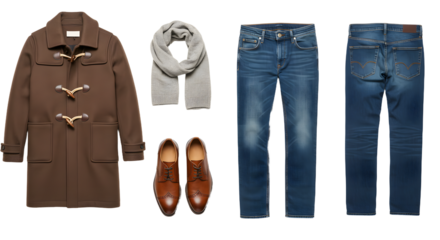 LIFESTYLE - Stylish men's outfit flat lay with brown toggle coat, blue jeans, brown leather shoes, and a light gray scarf on white background