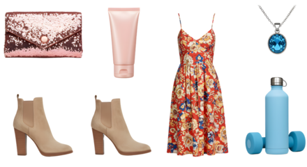 LIFESTYLE - Stylish women's outfit and accessories collection including floral dress, beige ankle boots, pink clutch, cream lotion tube, blue gemstone necklace, and blue water bottle with dumbbells
