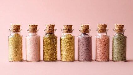 Seven small glass jars with cork tops, each filled with a different colored fine powder or salt, arranged in a row against a pale pink background