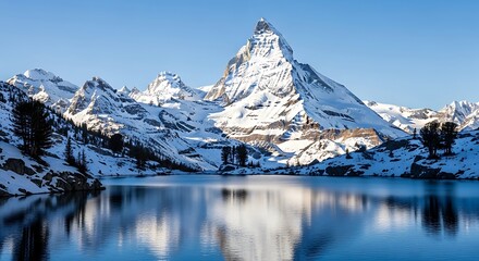 Snow-Capped Mountain Peaks Reflecting in a Serene Lake Under Clear Blue Sky at Dawn