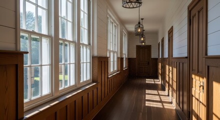 Empty Sunlit Corridor in Traditional Building with Wooden Paneling and Large Windows.