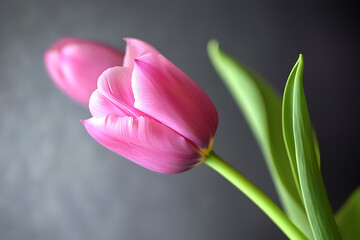 Naklejka premium Close-up of a pink tulip flower with visible stem and leaves against a dark gray background.