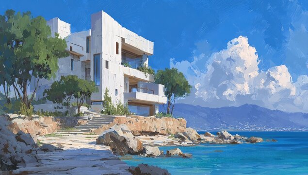 A pristine white, multi-level coastal home nestled amongst rocks and lush greenery, overlooking a tranquil turquoise sea under a vibrant blue sky with fluffy white clouds and distant mountains - Powered by Adobe