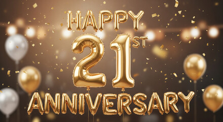Golden Happy 21st Anniversary Balloons with Confetti and Bokeh Lights for a Festive Celebration.
