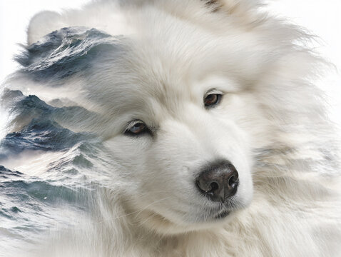 Fluffy White Samoyed Dog Wolf Portrait Canine Ocean Waves Mystical Fantasy Landscape Dreamy Double Exposure Photography Adorable Companion Nature Majestic Animal Soft Gentle Serenity