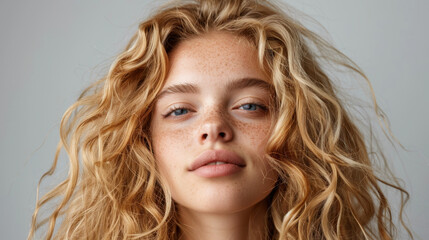 Fototapeta premium Natural beauty shines through in this portrait of young woman with curly blonde hair and freckles, exuding confidence and warmth. Her soft expression invites connection and admiration