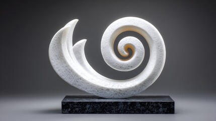 Abstract, white, spiraling sculpture on dark pedestal