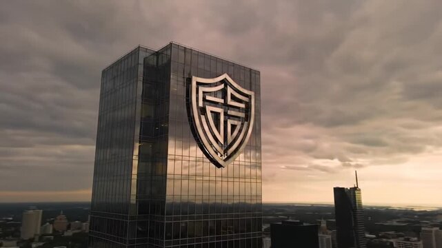 Modern highrise skyscraper with corporate logo under dramatic cloudy sky.