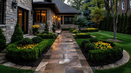 Fototapeta premium Luxurious stone house with beautifully landscaped garden featuring manicured hedges, vibrant yellow flowers, and stone pathway. serene atmosphere invites relaxation and enjoyment of nature