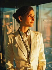 A charismatic businesswoman making eye contact wearing a ivory suit and white shirt wearing a lanyard badge appealing and professional expression glass office with cityscape view warm ambient lighting