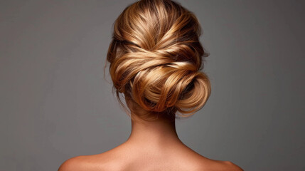 Elegant hairstyle showcases beautiful updo with intricate twists and soft waves, perfect for special occasions or formal events. warm tones of hair add touch of sophistication and charm