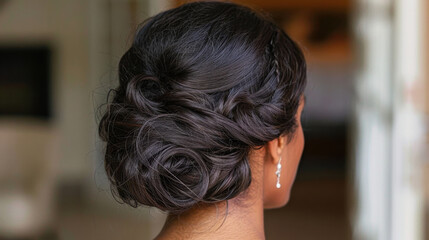 Elegant updo hairstyle featuring intricate twists and curls, showcasing beautiful dark hair color. hairstyle is complemented by delicate earrings, perfect for formal occasions