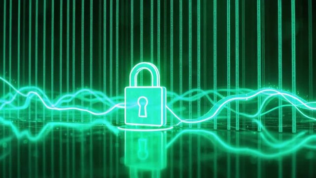 Cybersecurity Digital Lock with Green Matrix Data Flow