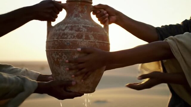 Hands sharing life-giving water from a traditional clay pot in an arid landscape, symbolizing community, survival, and the preciousness of resources in challenging environments.