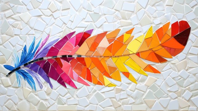 A vibrant feather mosaic with a focus on color transitions and texture.