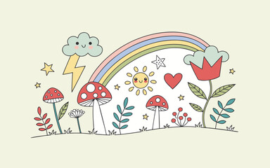 Radiant collection of hand-drawn whimsical illustrations paired with abstract patterns, mixing colorful rainbows, mushrooms, and lightning in a lively and creative modern design.