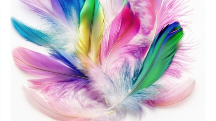 Obraz premium A close-up of iridescent feathers fanned out in a circular formation, with a clean white background.