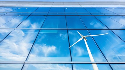 Fototapeta premium Green energy wind turbine reflected in the glass facade of a corporate skyscraper under a bright blue sky, symbolizing sustainable industry, renewable power, and eco-friendly urban development