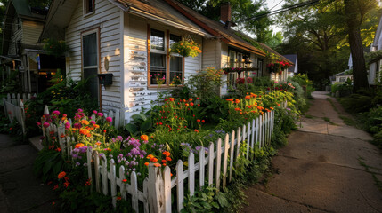 Obraz premium Charming house surrounded by vibrant flowers and white picket fence creates picturesque scene. colorful blooms add cheerful touch to serene neighborhood, inviting sense of warmth and tranquility