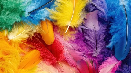 A dynamic diagonal composition of multicolored feathers, with a focus on texture and contrast.