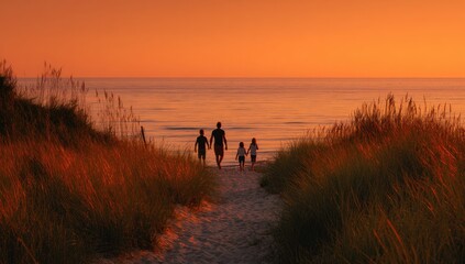 Silhouetted family walks towards a tranquil ocean sunset along a sandy path bordered by tall beach grasses