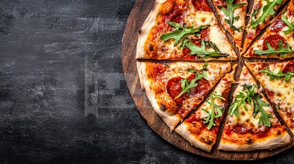 Delicious pizza slices on a wooden board