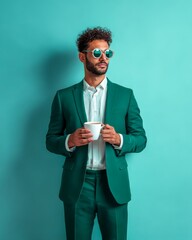 A confident Egyptian businessman in a emerald green suit and white shirt holding a coffee mug standing against a solid powder blue background clean portrait