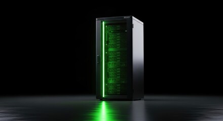 Data Center Server Rack with Green Glowing Lights on Dark Background