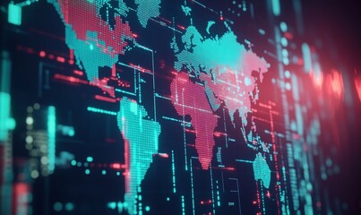 A digital map displaying a stylized world with vibrant colors, showcasing data points and connectivity across regions.