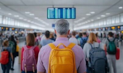 A traveler stands in an airport terminal, surrounded by a crowd, looking at flight information on a digital display board.