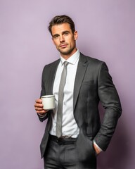 A confident New Zealand businessman in a charcoal gray suit and white shirt holding a coffee mug standing against a solid pale lavender background clean portrait